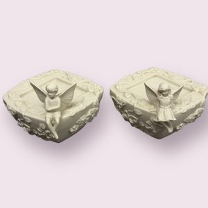 Pair‎ of Partylite Fairy Girl & Boy Fairy ANGEL 5" Candle Holder Pillar BISQUE